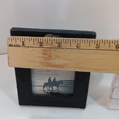 Western themed photo frame and a small slat wood memo board with metal clip