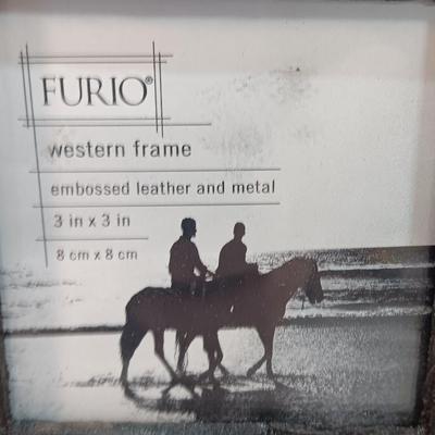 Western themed photo frame and a small slat wood memo board with metal clip