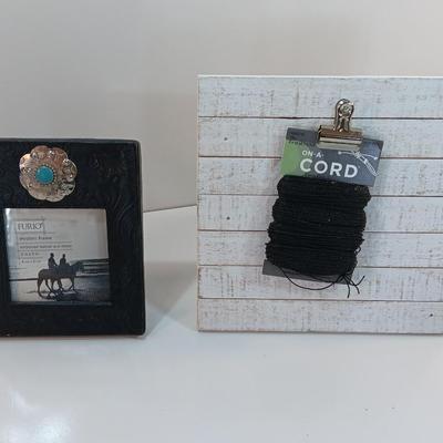 Western themed photo frame and a small slat wood memo board with metal clip