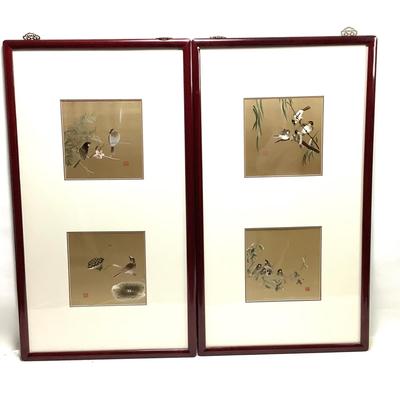 1002 Pair of Framed Embroidered Birds on Silk