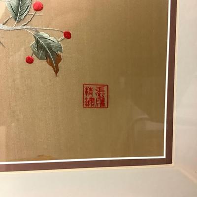 1002 Pair of Framed Embroidered Birds on Silk