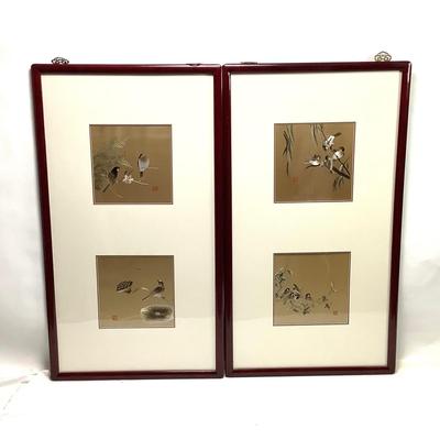 1002 Pair of Framed Embroidered Birds on Silk
