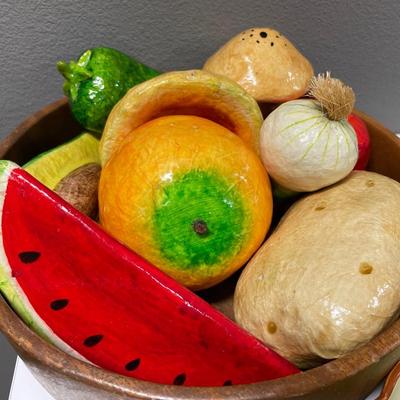 Glass avacados, paper mache fruit and veggies