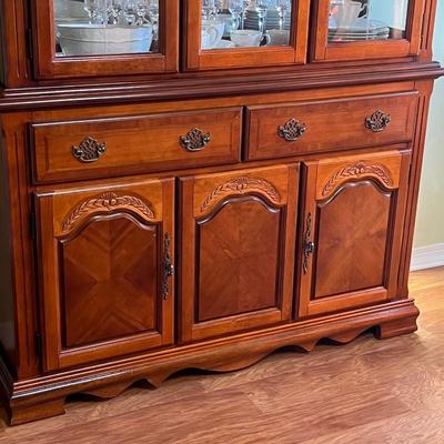Inlaid Cherry Solid Wood Lighted Mirrored China Cabinet