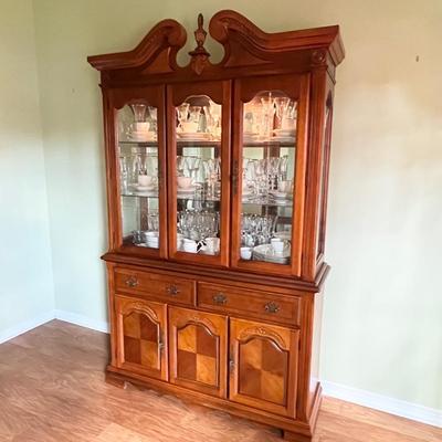 Inlaid Cherry Solid Wood Lighted Mirrored China Cabinet