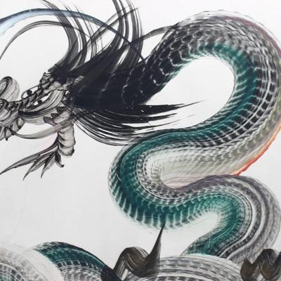 Vintage Original Art One Stroke Ink Watercolor Asian Art Blue & Green Dragons Mid-Century