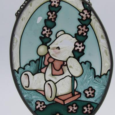 Small Retro Stained Glass Wall Hanging Oval Frame Teddy Bear on Swing