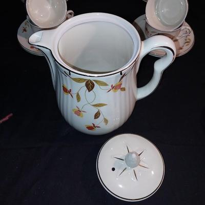HALL CHINA COFFEE SERVER - EIGHT CUPS & SAUCERS BY JEWEL "AUTUMN LEAF"