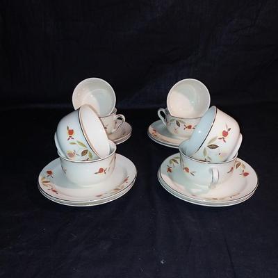 HALL CHINA COFFEE SERVER - EIGHT CUPS & SAUCERS BY JEWEL "AUTUMN LEAF"