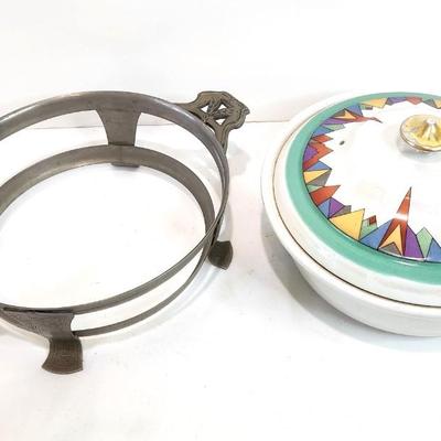 Lot #68  Vintage Hall China Covered Casserole in Holder - 1930's Art Deco