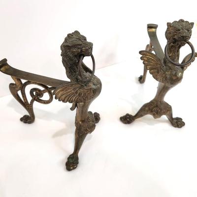 Lot #70  Antique Brass Andirons in the Form of a Griffon