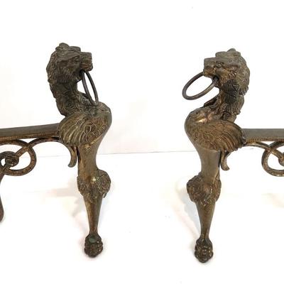 Lot #70  Antique Brass Andirons in the Form of a Griffon