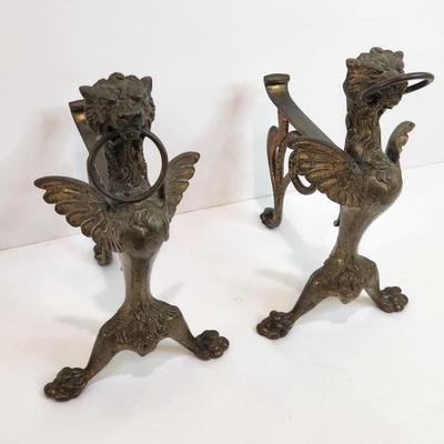 Lot #70  Antique Brass Andirons in the Form of a Griffon