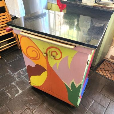 Lot #74  Art piece - painted Kitchen Island on Castors - signed/dated 1994