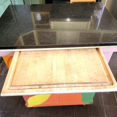 Lot #74  Art piece - painted Kitchen Island on Castors - signed/dated 1994