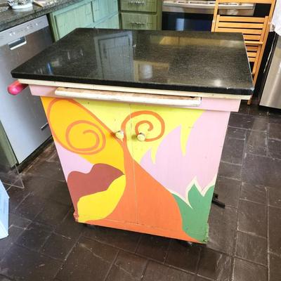 Lot #74  Art piece - painted Kitchen Island on Castors - signed/dated 1994