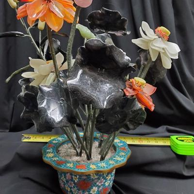 Jade Plant or Hard Stone Bonsai in Cloisonne Vase