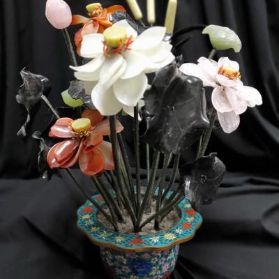 Jade Plant or Hard Stone Bonsai in Cloisonne Vase