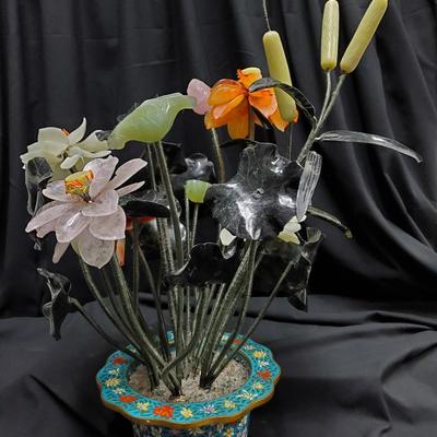 Jade Plant or Hard Stone Bonsai in Cloisonne Vase