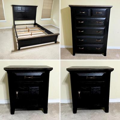 Five (5) Piece ~ Solid Wood Queen Size Bedroom Set ~ Black Stain With Rustic Wood Tops