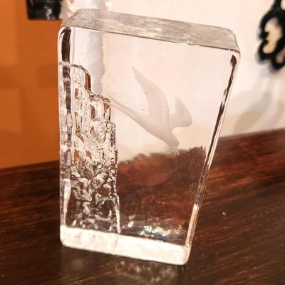 Lot #78  Edenfalk Skruf Etched Bird Paperweight - Mid Century - signed - Swedish