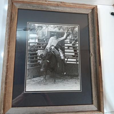 Barn wood framed black and white Bull Rider artwork.