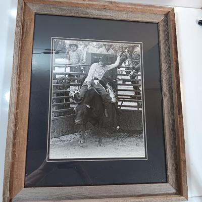Barn wood framed black and white Bull Rider artwork.