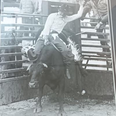 Barn wood framed black and white Bull Rider artwork.