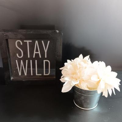 Light up STAY WILD framed decorative sign and faux white flowers