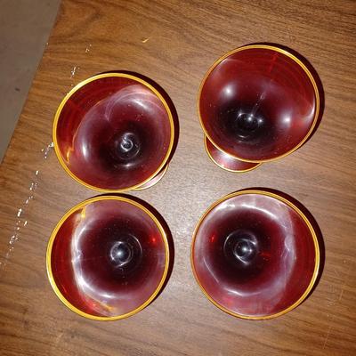 4 red+gold Vintage Mid Century Martini Glasses
