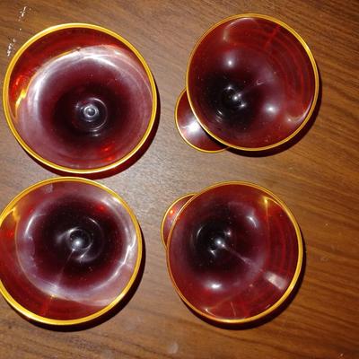 4 red+gold Vintage Mid Century Martini Glasses