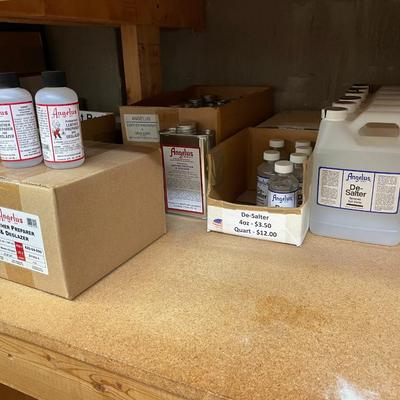 Shelf 24 Inventory Angelus Finisher (150+ Bottles) DeSalter (70+ Quarts) Leather Preparer (18 cans)