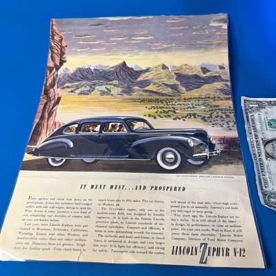 1940 CHESTERFIELD CIGARETTES MAGAZINE AD, LINCOLN-ZEPHYR AD ON BACK