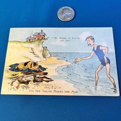 HUMOROUS VINTAGE POST CARD MAN, DOG AT BEACH 