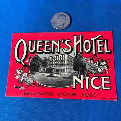 VINTAGE "QUEEN'S HOTEL NICE" FRANCE LUGGAGE LABEL UNUSED