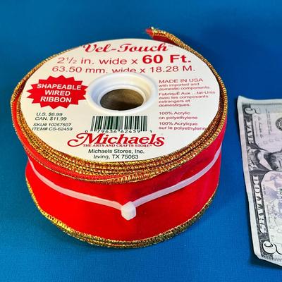 ROLL OF RED VELVETEEN GOLD TRIMMED WIRED RIBBON