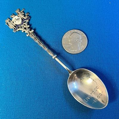 ENAMELED ORNATE STERLING SILVER SPOON INCISED "LIVERPOOL 1903" 