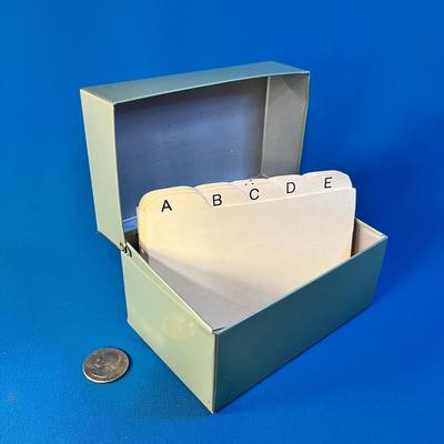 GREEN METAL 3" X 5" FILE BOX with ALPHABETIZED DIVIDERS