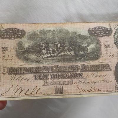 1860 Confederate ten dollar bill. REAL  est. $20 to $50.