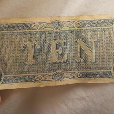 1860 Confederate ten dollar bill. REAL  est. $20 to $50.