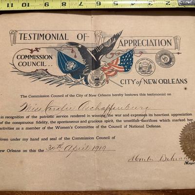 1919 City of New Orleans Testimonial Of Appreciation