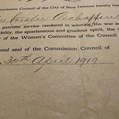 1919 City of New Orleans Testimonial Of Appreciation