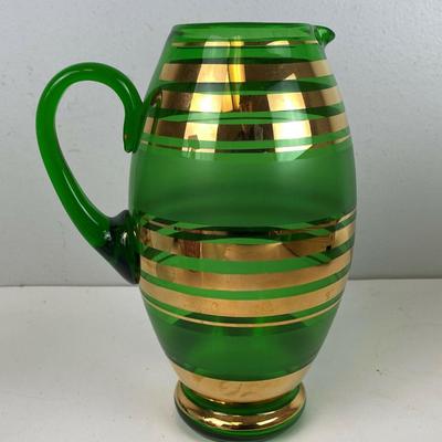  art deco Green Glass Gold Band Cocktail Martini Pitcher 