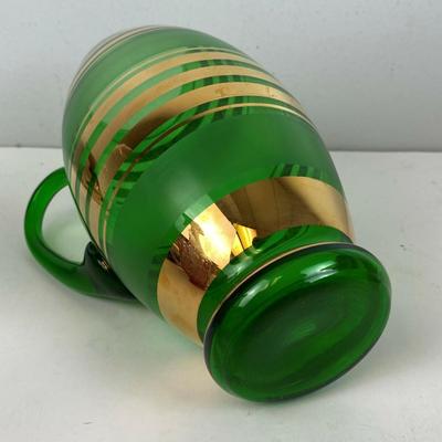  art deco Green Glass Gold Band Cocktail Martini Pitcher 