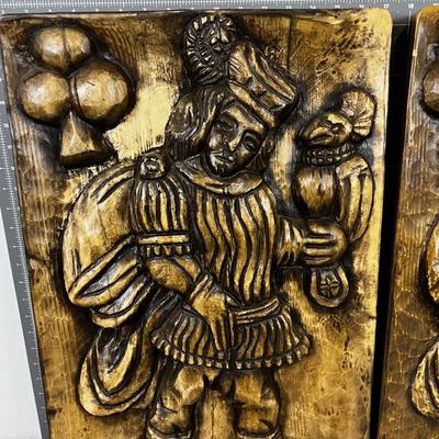  PAIR (2) mcm gothic JACK OF CLUBS MEDIEVAL CARVED WOOD WALL PANEL 1960s