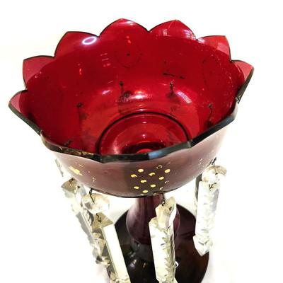 Lot #113  Antique Mantle Lustre - Ruby Glass, Long Crystals