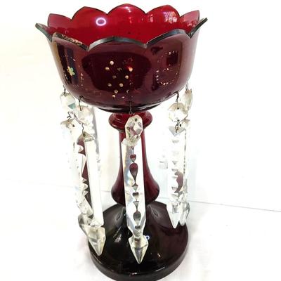 Lot #113  Antique Mantle Lustre - Ruby Glass, Long Crystals