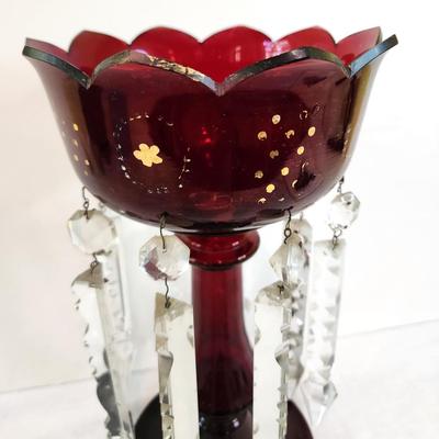 Lot #113  Antique Mantle Lustre - Ruby Glass, Long Crystals