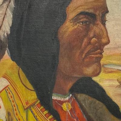 Native American Oil Painting Depicting Indian Chief