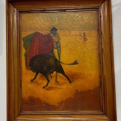Spanish Bull Fight Matador Oil on Board Painting